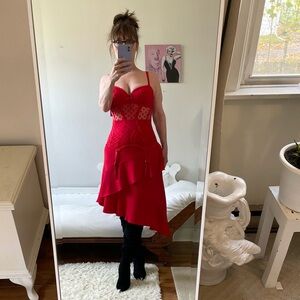 VINTAGE LIPSTICK RED ASYMMETRIC SKIRT FLOUNCED ZIPPER HIGH HIDDEN WAIST